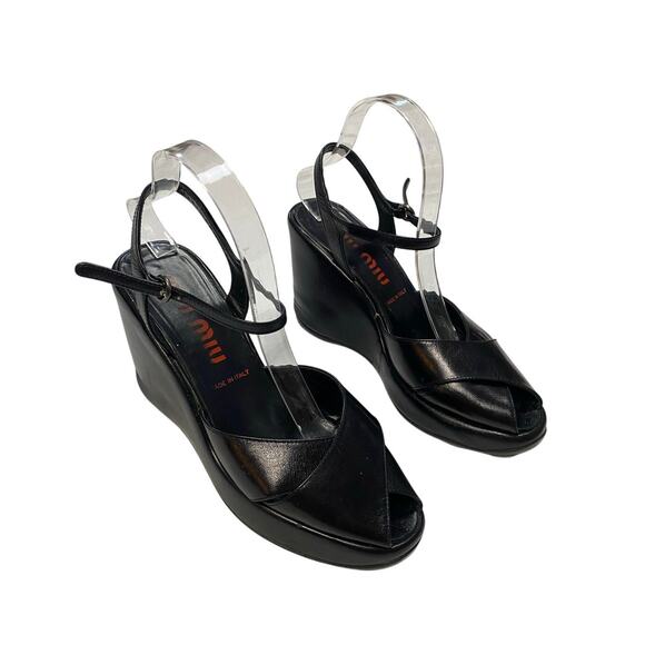 90s Miu Miu Black Leather Platform Sandals - Picture 1 of 8